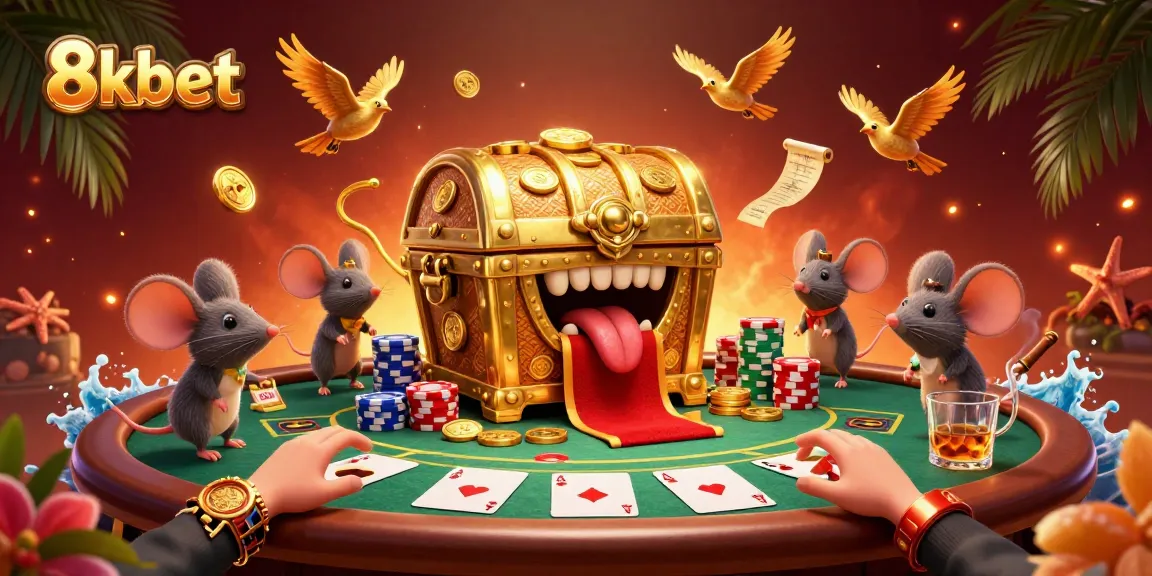 Players explore 8xbet's vibrant casino with treasure chests, poker tables, and dynamic gaming elements.