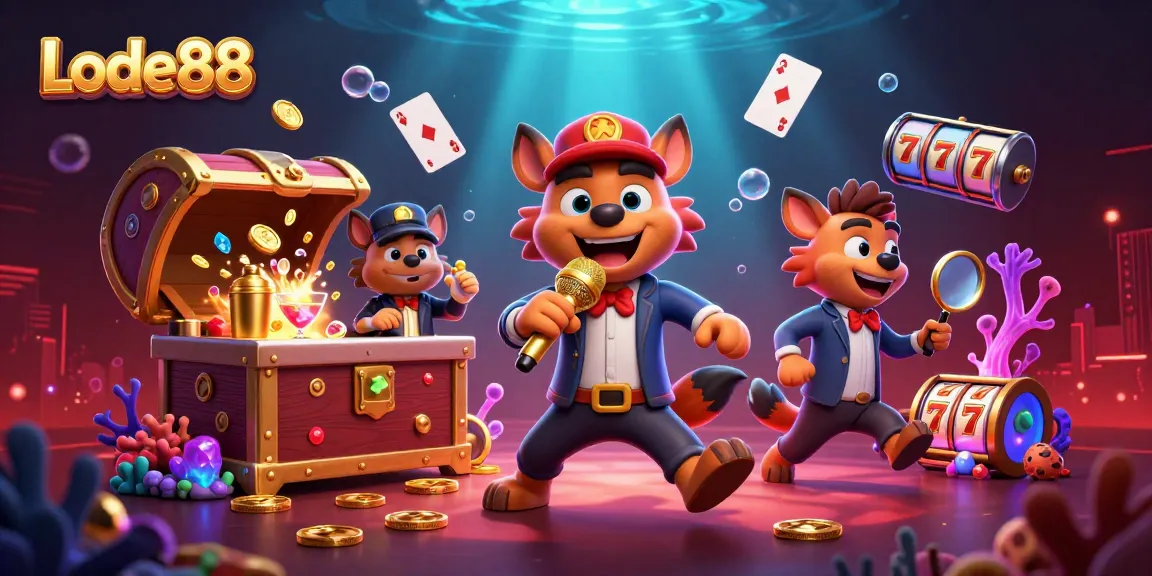 Lode88 casino scene featuring hyenas in a comedy club, mixing drinks, and checking IDs amid gold treasures and slot reels.
