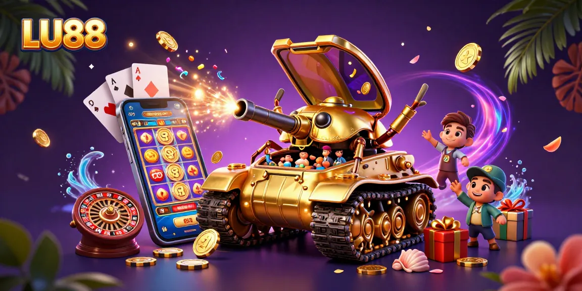 Experience the excitement of LU88 with a vibrant casino scene inside a golden beetle tank.