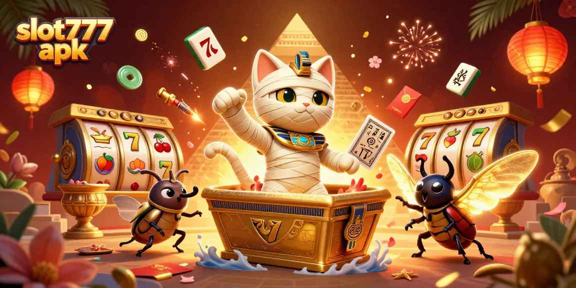 Engage with slot777 apk in this thrilling 3D casino scene featuring a mummy cat and golden symbols.