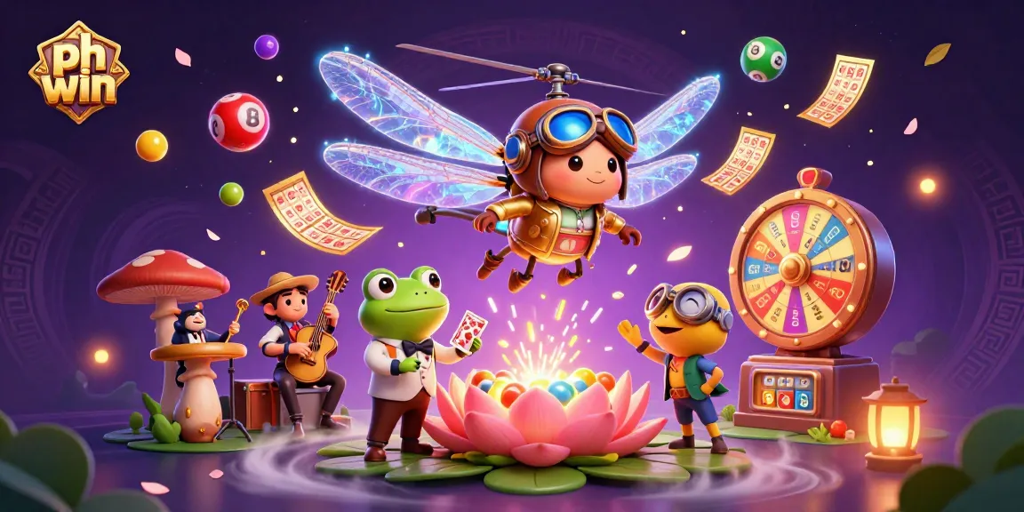 Experience the excitement of ph win with a vivid 3D scene of a dragonfly pilot, frog croupier, and jazz musicians at a lively casino.