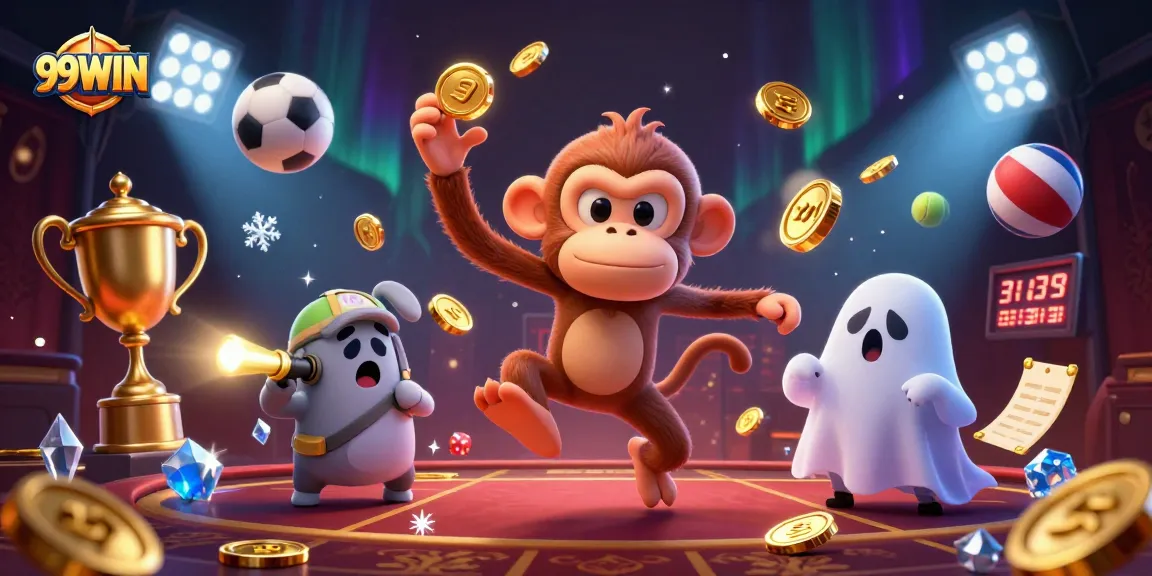 Engage with thrilling gameplay at 99WIN as lucky coins and cards surround a playful ghost-hunter puppy.
